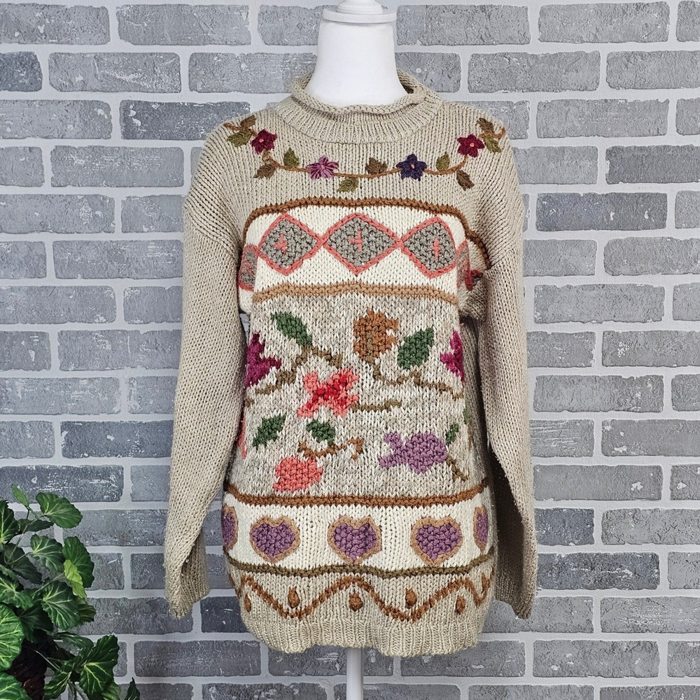 Vintage Cabin Creek Embroidered Floral Knit Sweater Women's Small Cottagecore
